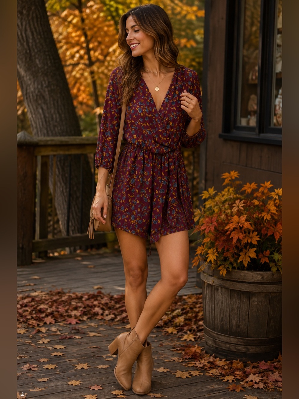 Alyx Burgundy Floral Wrap Mini jumpsuit with Blue and Mustard Accents